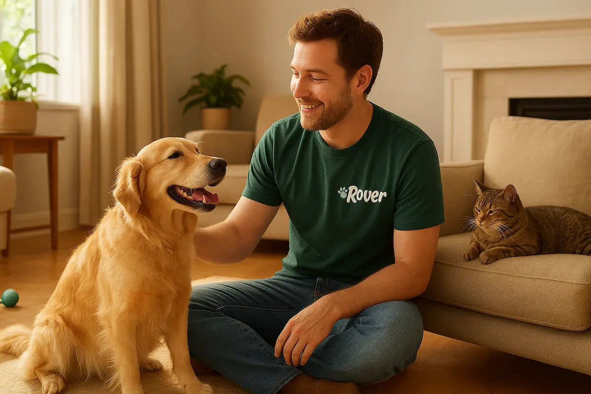 Pet sitter with dog and cat in cozy home