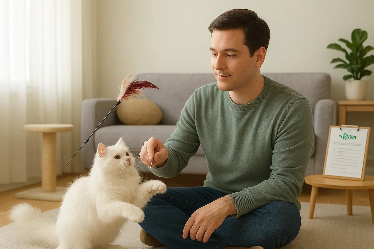 Pet sitter playing with a cat