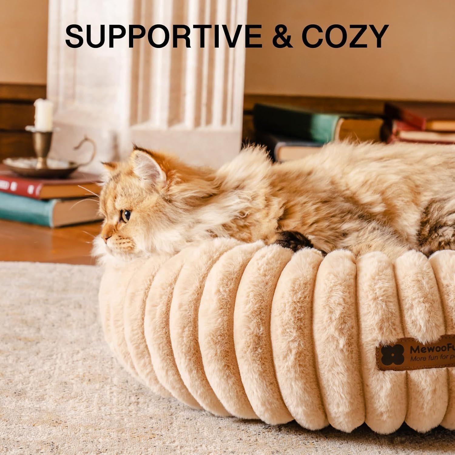 MEWOOFUN Donut Cat Bed - Washable Round Pet Bed For Indoor Cats & Kittens, Fluffy Non-Slip Calming Bed For Small Dogs, Light Brown