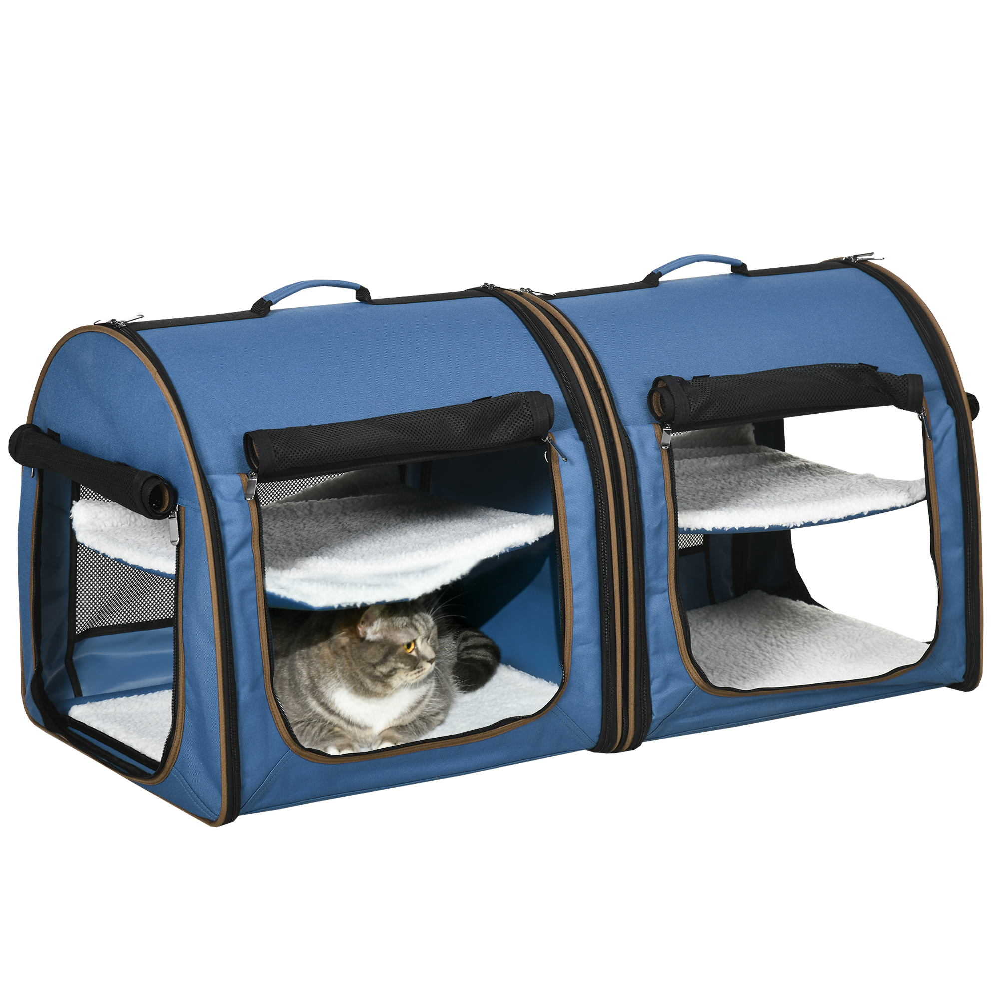 Portable Twin Compartment Show House Cat Cage 39 Soft-Sided Pet Kennel With Soft Cushions Storage Bag Blue