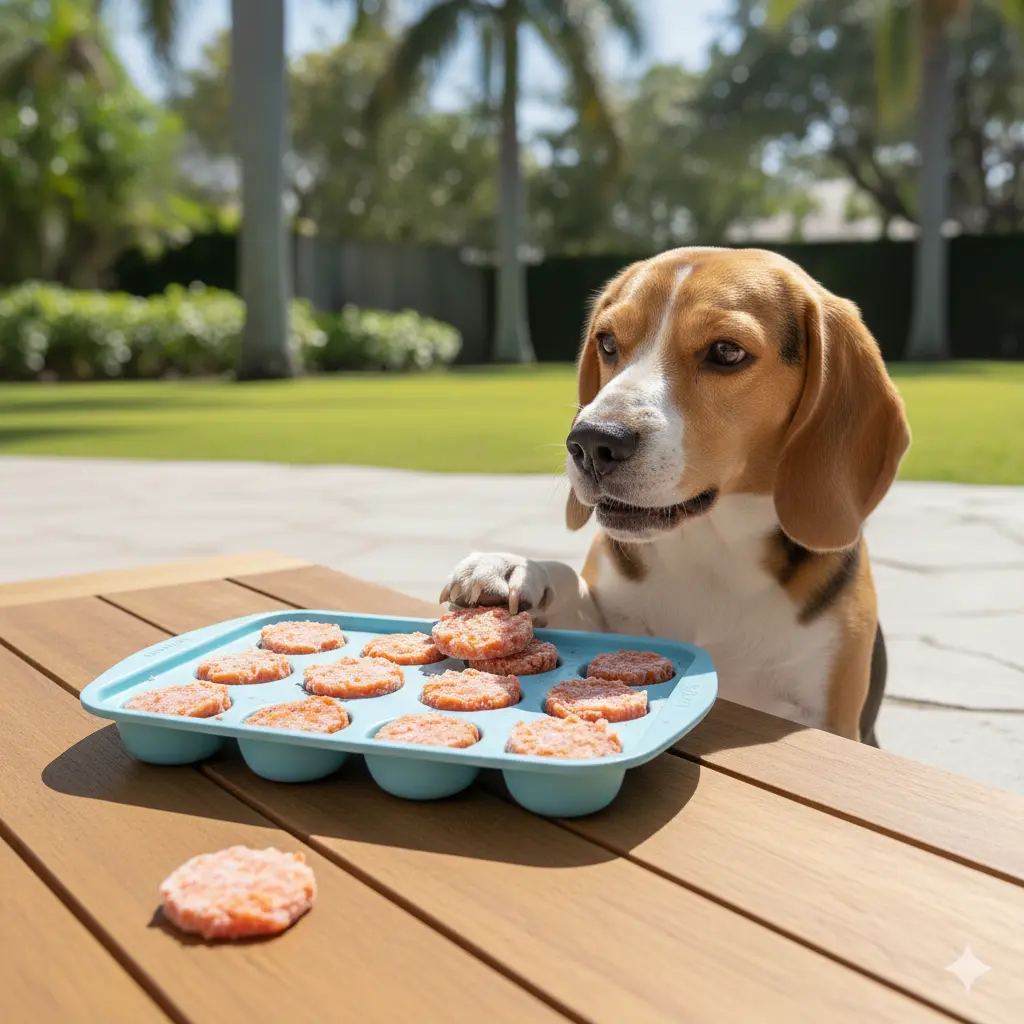 Apple and carrot DIY frozen dog treats in tray with Beagle pawing eagerly