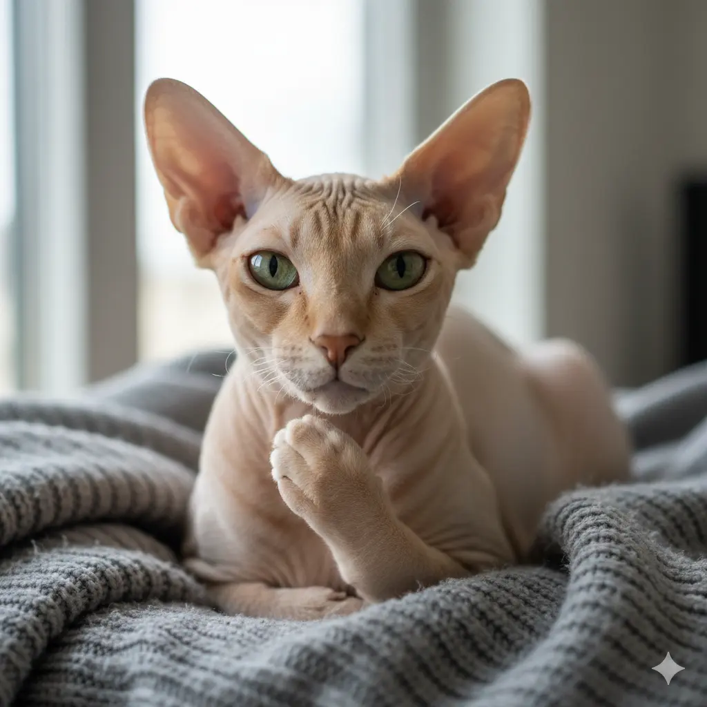peterbald cat sitting on a blanket