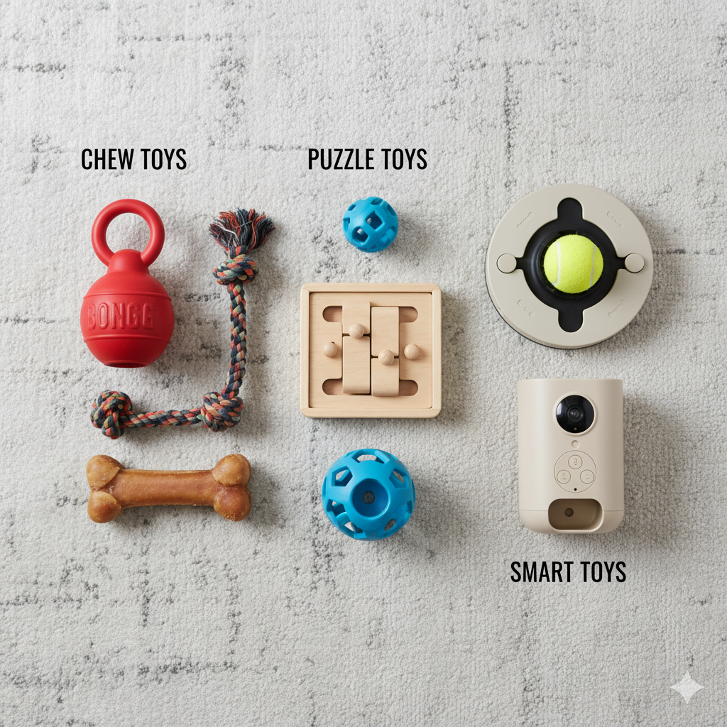 Dog Enrichment Toys: The Ultimate 2025 Guide to Mental Stimulation and Happy Pups 8 Flat lay of puzzle, chew, and smart toys