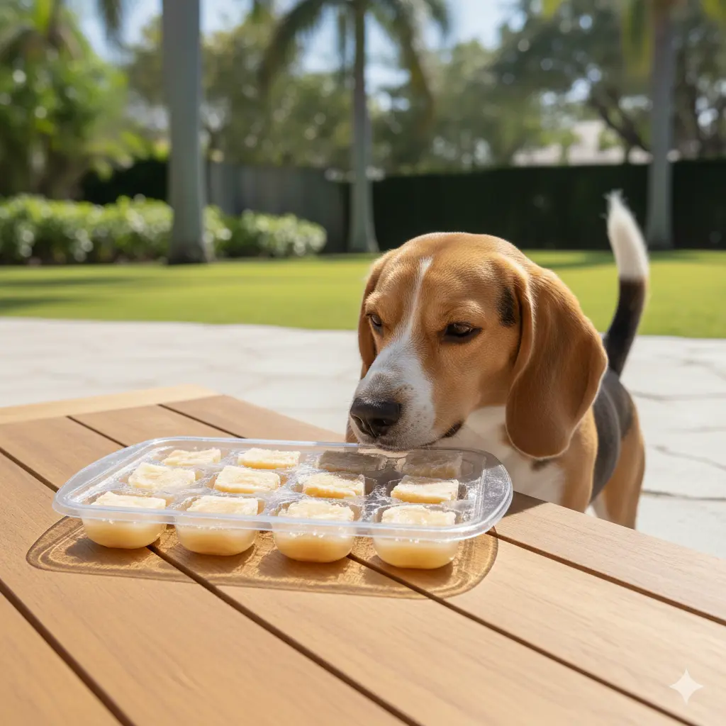 Savory frozen chicken broth cubes for dogs in clear tray with Beagle sniffing and wagging tail