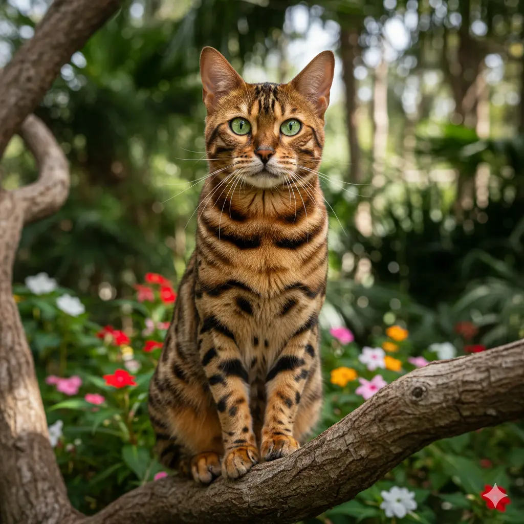 Bengal cat sitting on tree