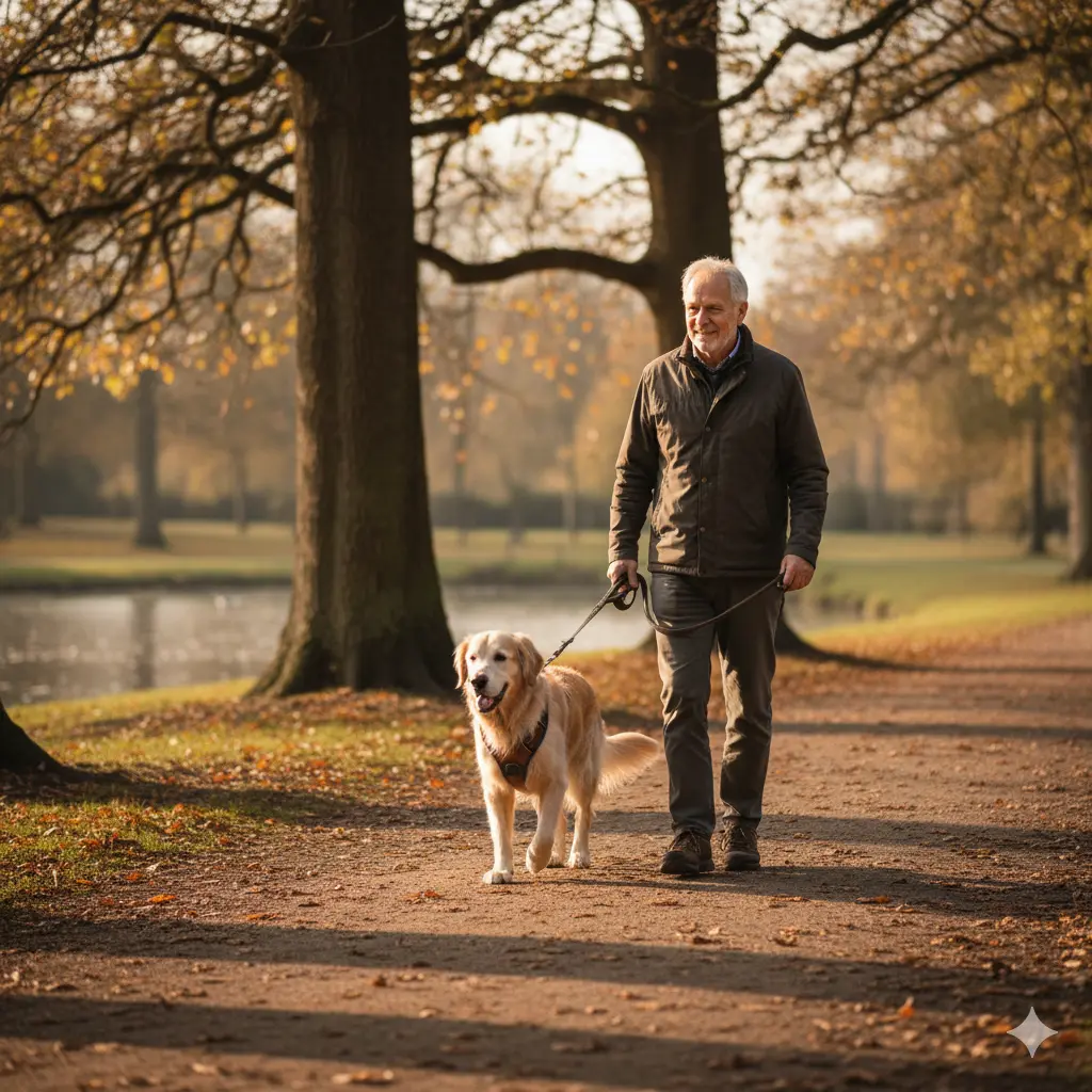 How Much Exercise Does Your Dog Need? Vet-Backed Guide (2025) 4 Senior dog on a gentle walk for maintained health