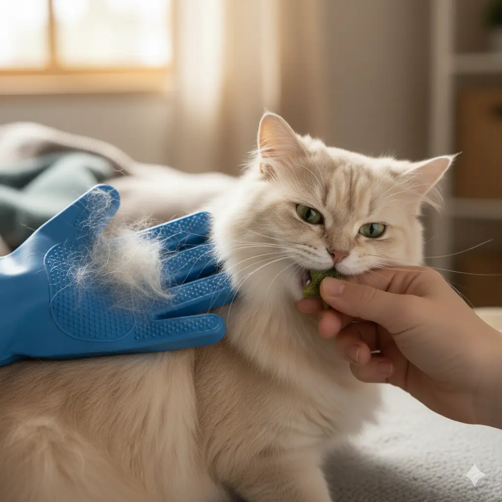 Easy Cat Grooming Tips: Keep Your Feline Healthy, Happy & Clean 8 Rubber glove pulling fur from cat; treats nearby.