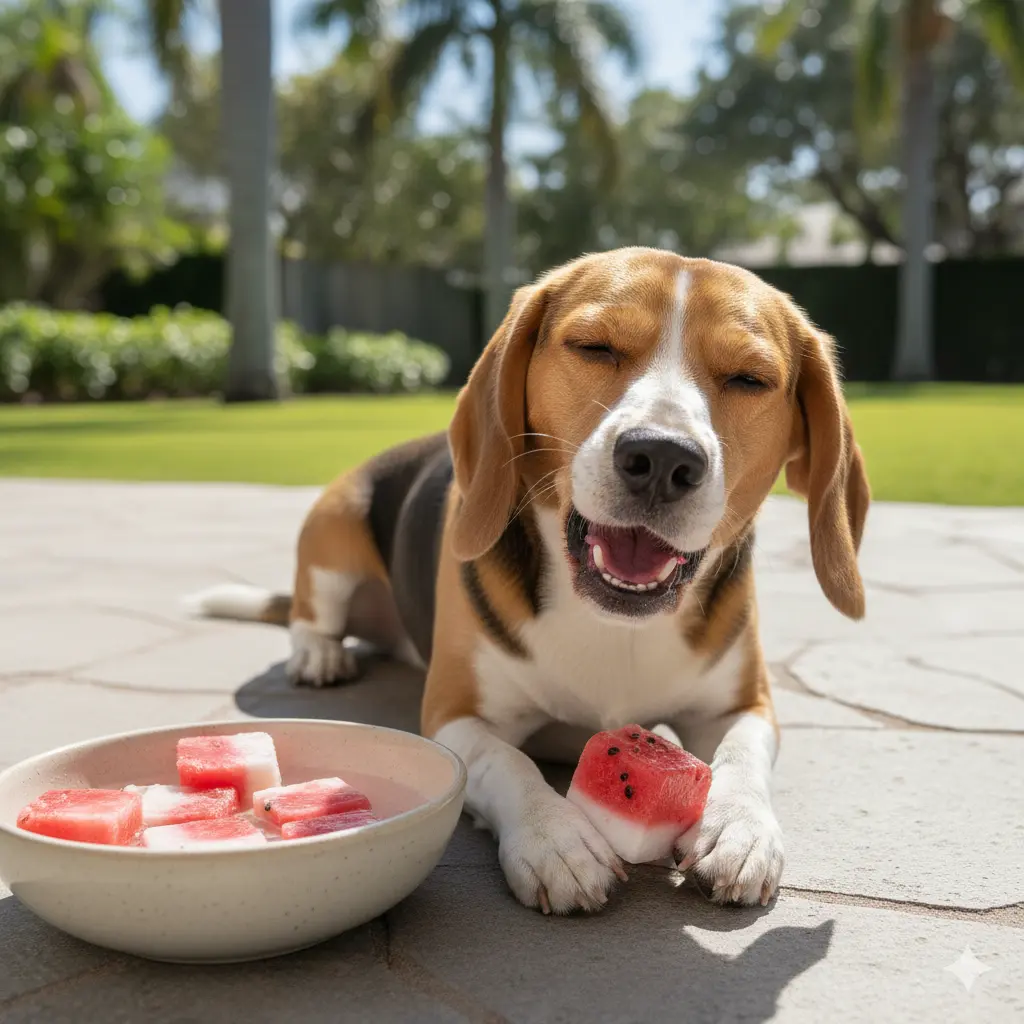 Bright red watermelon and coconut frozen cubes for dogs with Beagle happily chewing a cube outdoors