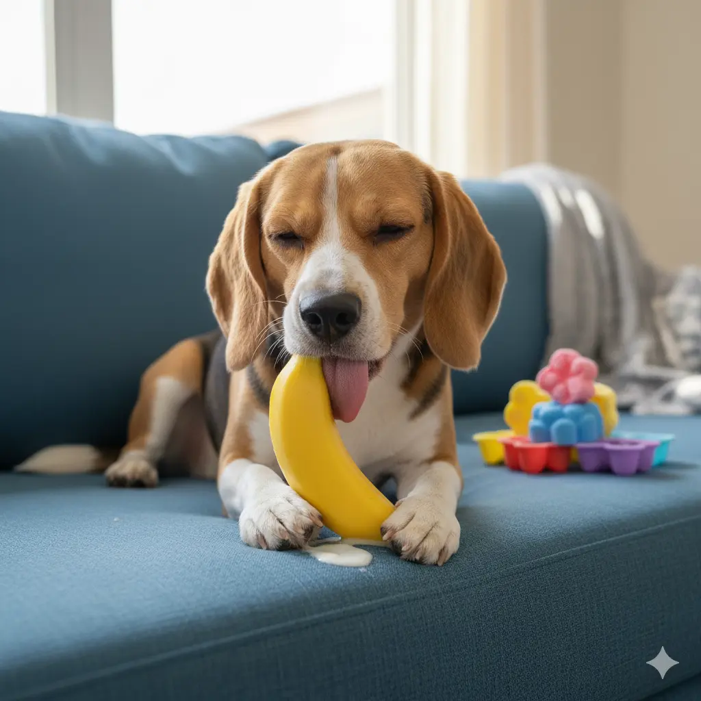 Beagle dog eagerly licking banana yogurt frozen pops in colorful silicone molds