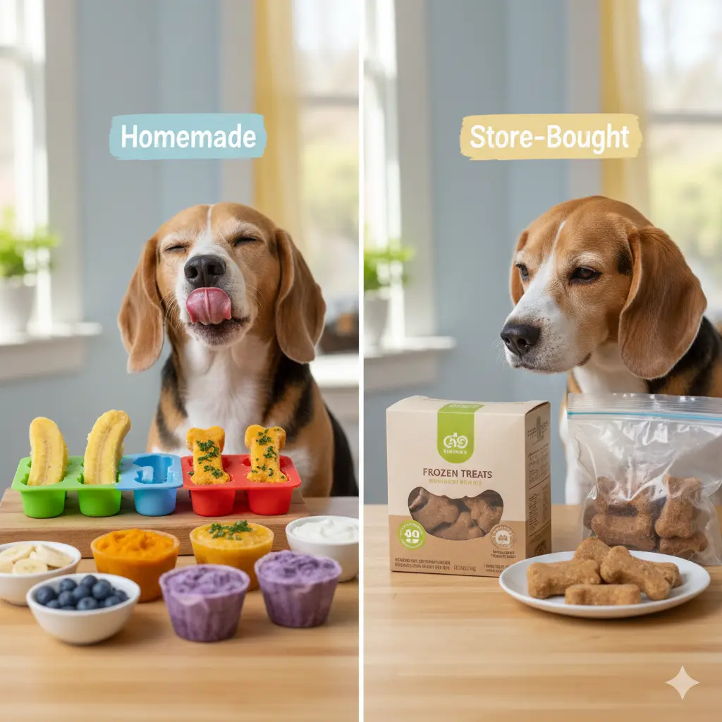 Side-by-side comparison of homemade and store-bought frozen dog treats with a beagle
