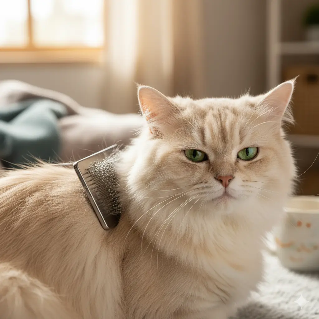Easy Cat Grooming Tips: Keep Your Feline Healthy, Happy & Clean 1 Owner gently brushing a fluffy cat with a slicker brush.