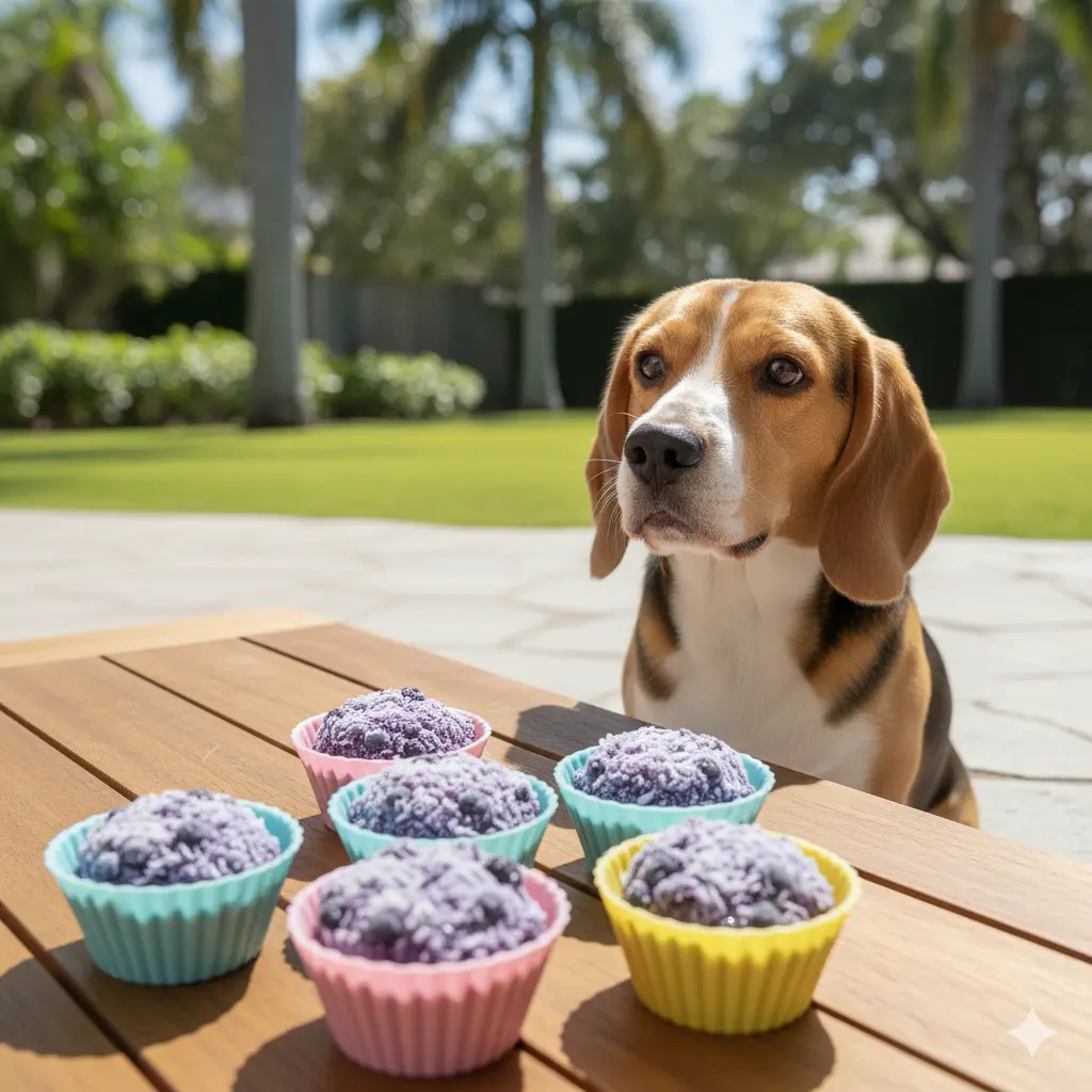 Frozen blueberry coconut cups for dogs in small silicone molds with Beagle watching excitedly