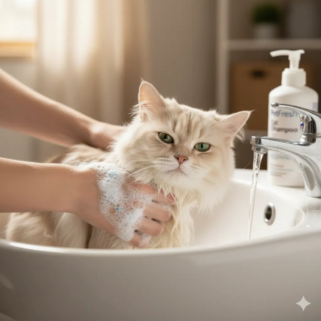 Easy Cat Grooming Tips: Keep Your Feline Healthy, Happy & Clean 2 Cat in sink with soapy fur, owner carefully rinsing during bath.