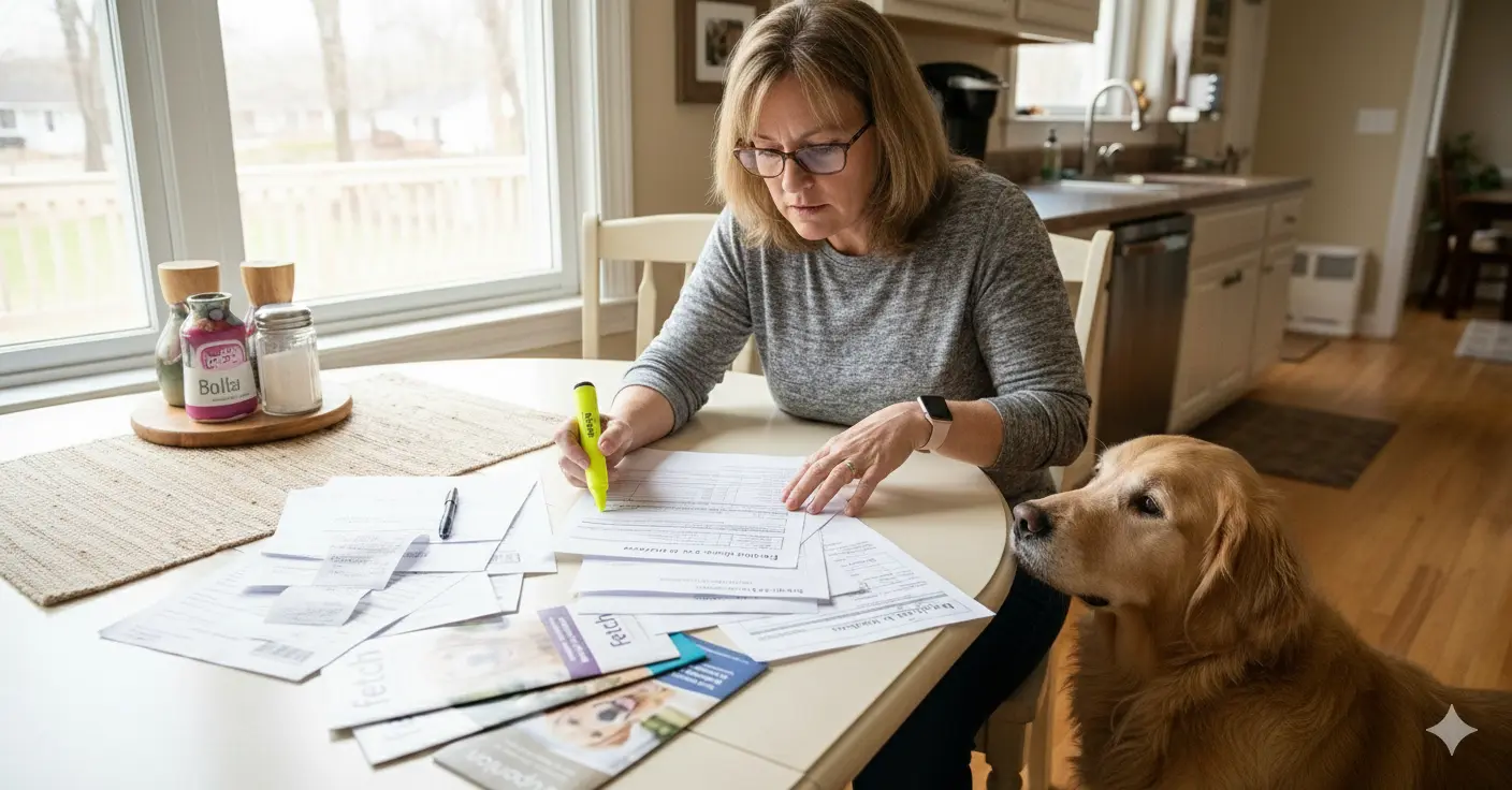Pet owner reviewing insurance claim documents