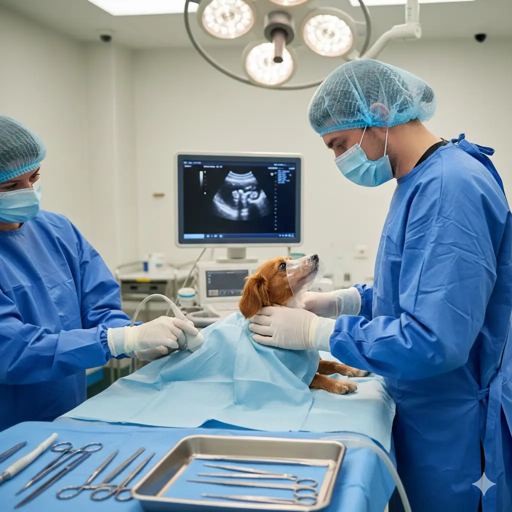 Vet checking a dog during a covered procedure