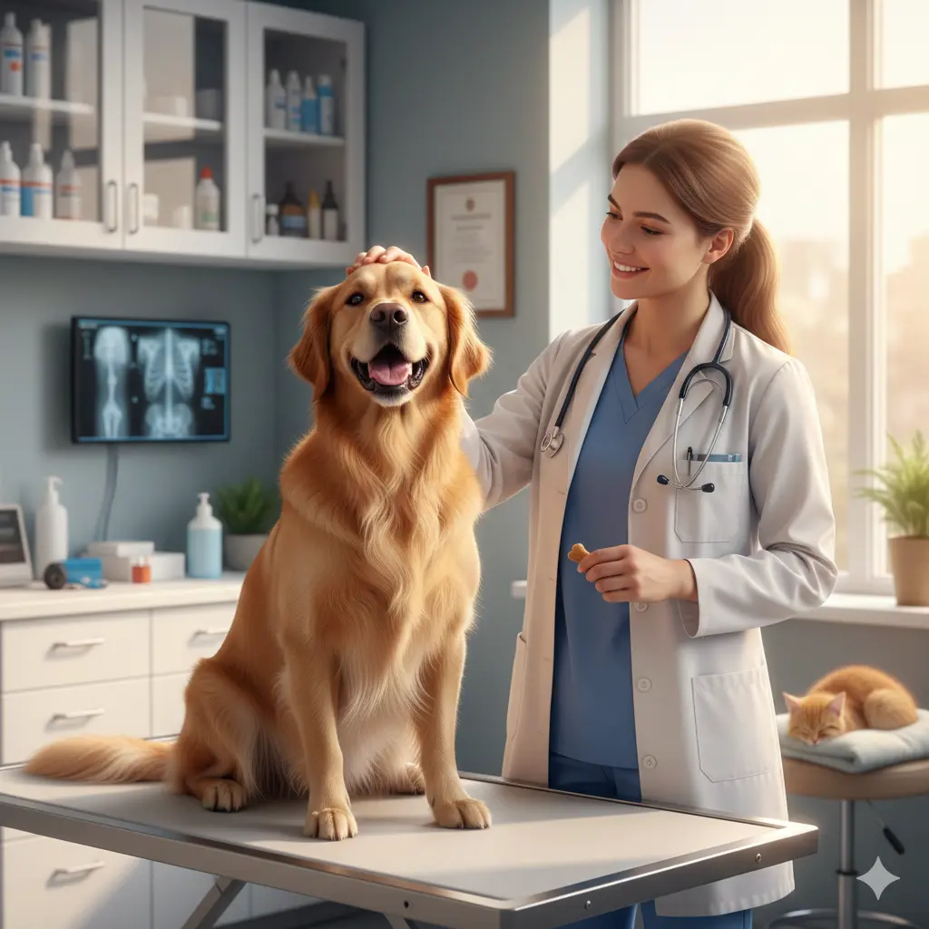 Happy pet with veterinarian for checkup