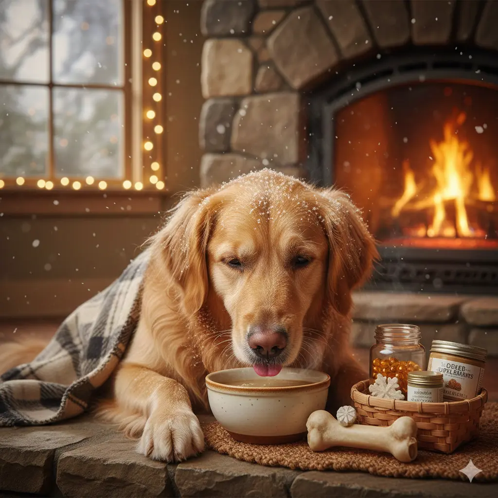 Dog enjoying winter supplements and bone broth