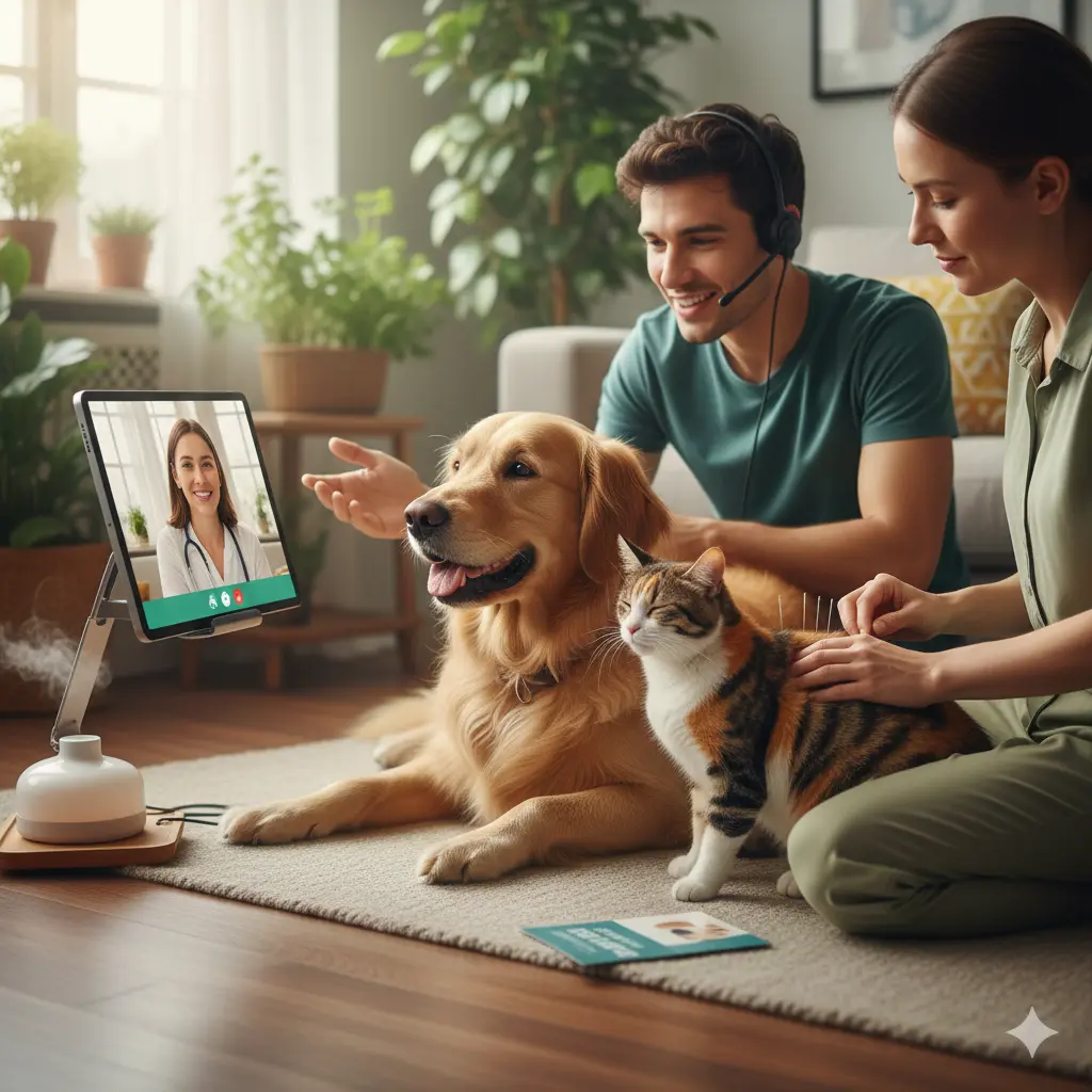 Happy dog and cat with insurance benefits icons