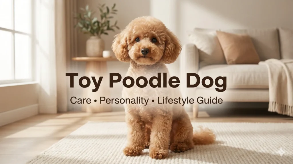 Toy Poodle dog indoors with curly coat, centered text highlighting care, personality, and lifestyle guide